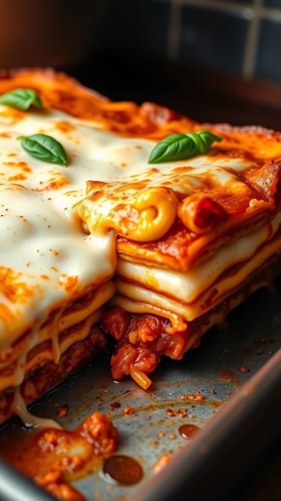 A slice of classic lasagna with layers of meat sauce, ricotta, and mozzarella, garnished with basil, on a wooden table.